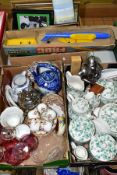 THREE BOXES OF CERAMICS, GLASS AND SUNDRIES ETC, to include Barratts Ivy pattern tea wares etc