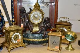 A 20TH CENTURY ITALIAN FIGURAL BRONZE, MARBLE AND BRASS MANTEL CLOCK, Roman numerals, eight day