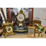 A 20TH CENTURY ITALIAN FIGURAL BRONZE, MARBLE AND BRASS MANTEL CLOCK, Roman numerals, eight day