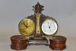 A DESK WEATHER STATION CLOCK AND TWO RAF/RFC TOBACCO BOXES, comprising eight day clock with