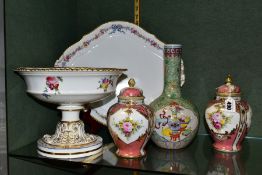 FIVE PIECES OF 19TH AND 20TH CENTURY PORCELAIN, comprising a pair of Noritake ginger jars and