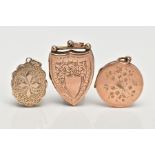 THREE EARLY 20TH CENTURY 9CT FRONT AND BACK LOCKETS, to include a shield shaped locket with embossed