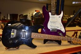 TWO ENCORE STRAT TYPE ELECTRIC GUITARS one in translucent purple finish with white pearloid