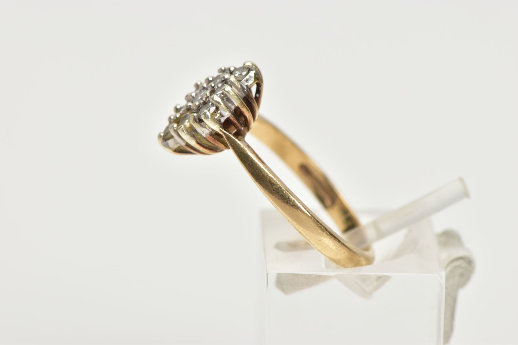 A 9CT GOLD DIAMOND RING, designed with a lozenge shape cluster of claw set, round brilliant cut - Image 2 of 4