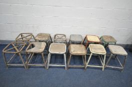 A SET OF TWELVE VINTAGE TUBULAR SCHOOL STOOLS, 40cm squared x height 45cm (condition - all