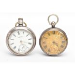 A SILVER OPEN FACE POCKET WATCH AND ONE OTHER, the first a mid-Victorian pocket watch with a