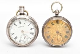 A SILVER OPEN FACE POCKET WATCH AND ONE OTHER, the first a mid-Victorian pocket watch with a