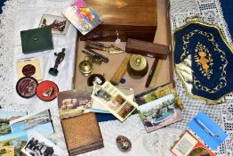 A BOX OF TREEN, METAL WARES AND SUNDRY VINTAGE ITEMS, to include crocheted runner, tray cloths and