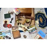 A BOX OF TREEN, METAL WARES AND SUNDRY VINTAGE ITEMS, to include crocheted runner, tray cloths and