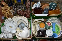 FOUR BOXES OF ASSORTED CERAMIC WARES, to include a pink Bretby Pottery tapering vase height 13.