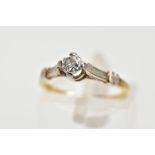 A YELLOW METAL SINGLE STONE DIAMOND RING, centring on a four claw set, old cut diamond, estimated