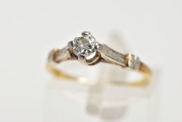 A YELLOW METAL SINGLE STONE DIAMOND RING, centring on a four claw set, old cut diamond, estimated