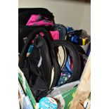 THREE BOXES AND A TRAVEL BAG ON WHEELS CONTAINING ASSORTED BAGS AND PURSES ETC, to include