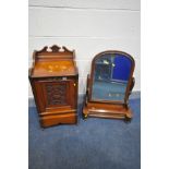 AN EDWARDIAN WALNUT PERDONIUM with tin liner, dustpan carved front panel, raised back and side along