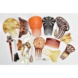 A SELECTION OF HAIR COMBS AND HAT PINS, to include eleven various plastic hair combs and slides (