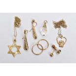 SIX ITEMS OF JEWELLERY, to include a pair of small hoop earrings, stamped 9ct, a star pendant