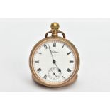 A WALTHAM POCKET WATCH, gold-plated pocket watch with a round white dial signed 'Waltham', black