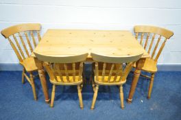 A PINE KITCHEN TABLE, length 120cm x depth 75cm x height 78cm, and four beech chairs (5)