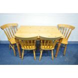 A PINE KITCHEN TABLE, length 120cm x depth 75cm x height 78cm, and four beech chairs (5)