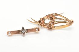 A 9CT GOLD BROOCH AND A BAR BROOCH, a floral brooch featuring three daffodils on an open work