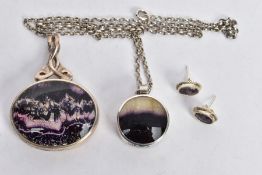 TWO BLUE JOHN FLUORITE PENDANTS AND A PAIR OF EARRINGS, one oval double sided pendant set with vivid