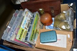A BOX OF FISHING AND FLY MAKING EQUIPMENT, WEDGWOOD JASPERWARE AND SUNDRY ITEMS, to include fly