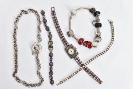 A BAG OF ASSORTED WHITE METAL JEWELLERY, to include a lady's wristwatch, small round white dial with