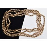 A 9CT GOLD GUARD CHAIN, a long belcher guard chain fitted with a lobster clasp, approximate chain