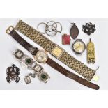 AN ASSORTMENT OF JEWELLERY ITEMS AND WATCHES, to include a white metal bracelet depicting French