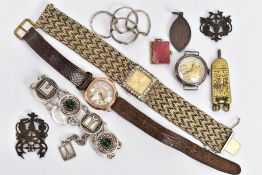 AN ASSORTMENT OF JEWELLERY ITEMS AND WATCHES, to include a white metal bracelet depicting French