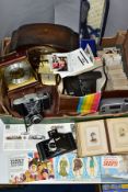 A BOX OF CLOCKS, CAMERAS, CIGARETTE AND TRADE CARDS IN ALBUMS AND LOOSE, ETC, including a