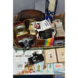 A BOX OF CLOCKS, CAMERAS, CIGARETTE AND TRADE CARDS IN ALBUMS AND LOOSE, ETC, including a