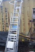 AN ALUMINIUM DOUBLE EXTENSION LADDER 3.7m long each section, a stand-off and three sets of step