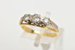 AN 18CT GOLD THREE STONE DIAMOND RING, designed as three graduated brilliant cut diamonds in