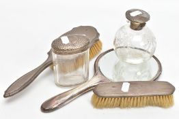 FIVE DRESSING TABLE ITEMS, to include a round glass scent bottle with an etched bow and foliate