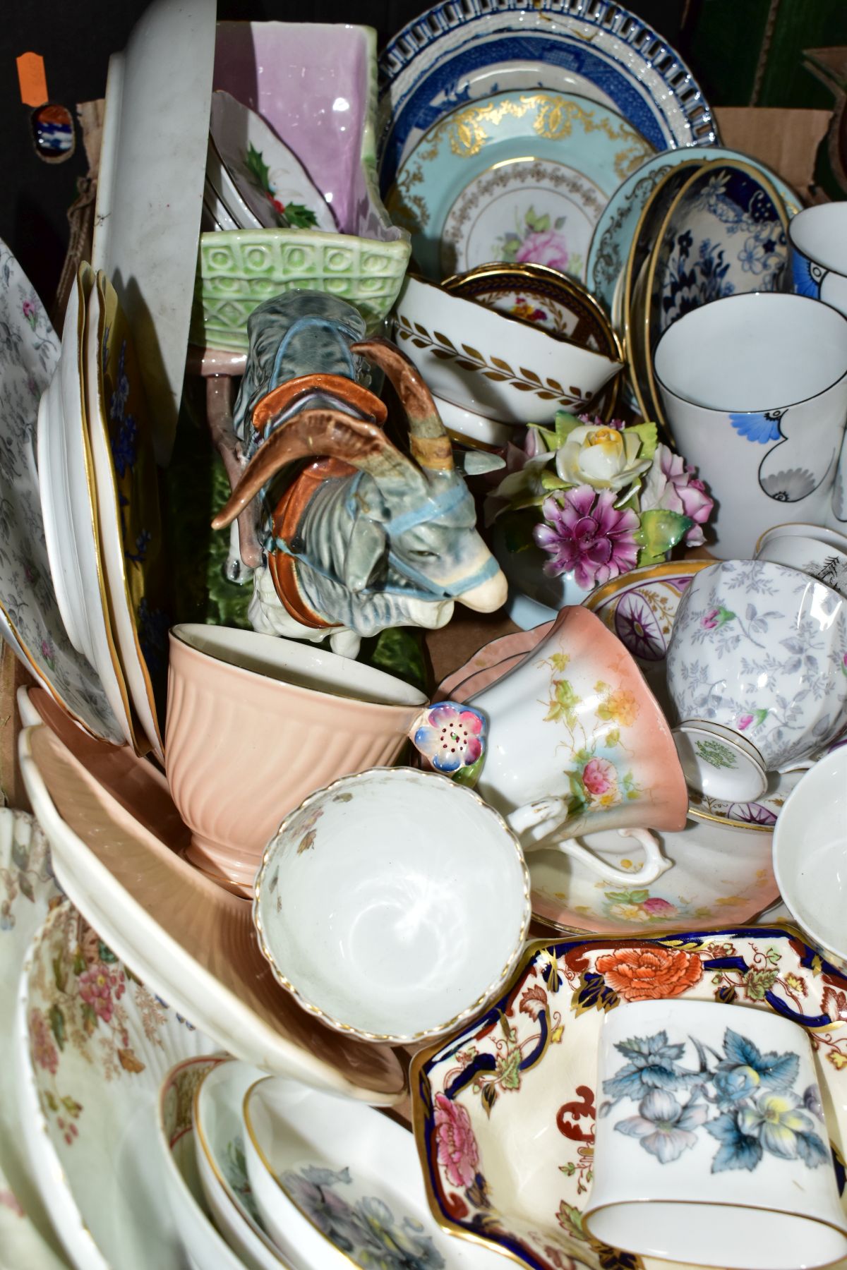 TWO BOXES OF CERAMICS, to include two Victorian Coalport gilt and blue plates, three Paragon cups - Image 4 of 7