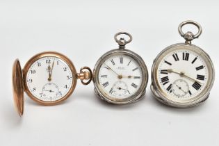TWO SILVER POCKET WATCHES AND A YELLOW METAL WATCH, a silver pocket watch with a white dial, black