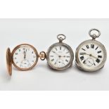 TWO SILVER POCKET WATCHES AND A YELLOW METAL WATCH, a silver pocket watch with a white dial, black