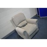 A BEIGE ELECTRIC RISE AND RECLINE ARMCHAIR with power supply and remote but no power cable (PAT fail