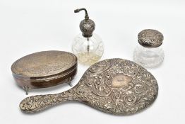 A SELECTION OF SILVER ITEMS, to include a glass and silver lidded jar, hallmarked Birmingham, a