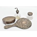 A SELECTION OF SILVER ITEMS, to include a glass and silver lidded jar, hallmarked Birmingham, a