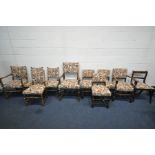 A SELECTION OF DINING CHAIRS, all upholstered with matching upholstery, comprising of a sets of five