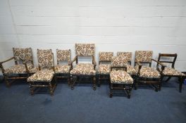 A SELECTION OF DINING CHAIRS, all upholstered with matching upholstery, comprising of a sets of five
