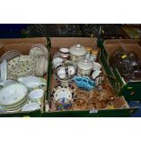 FIVE BOXES OF GLASS AND CERAMICS ETC, to include a Greener Pearline blue glass basket in the