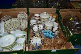 FIVE BOXES OF GLASS AND CERAMICS ETC, to include a Greener Pearline blue glass basket in the