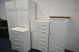 A CREAM ALSTONS BEDROOM SUITE, comprising two double door wardrobes, with top section, each wardrobe