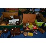 THREE BOXES, A SUITCASE AND LOOSE, TINS, TREEN, METALWARE, ETC, including two crown green bowling