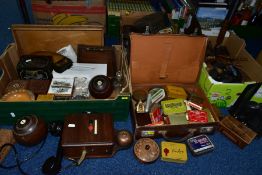THREE BOXES, A SUITCASE AND LOOSE, TINS, TREEN, METALWARE, ETC, including two crown green bowling