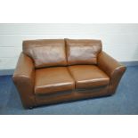 A NEXT TAN LEATHER TWO SEAT SOFA with fixed seats and removable back cushions (minor scuffs but no