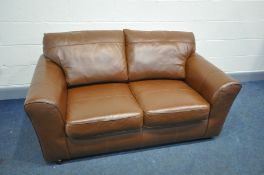 A NEXT TAN LEATHER TWO SEAT SOFA with fixed seats and removable back cushions (minor scuffs but no